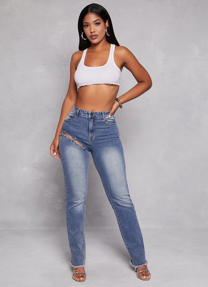 Womens Cut Out Ring Detail Straight Leg Jeans, Blue, Size S