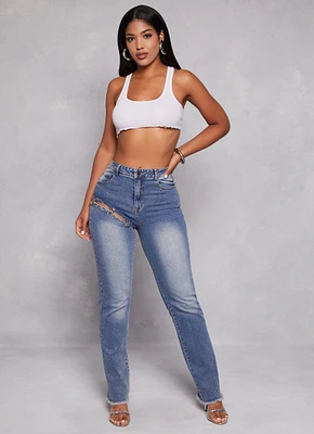 Womens Cut Out Ring Detail Straight Leg Jeans, Blue, Size S