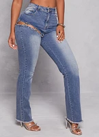 Womens Cut Out Ring Detail Straight Leg Jeans, Blue, Size S
