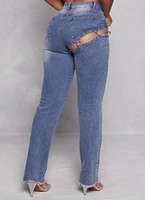 Womens Cut Out Ring Detail Straight Leg Jeans, Blue, Size S