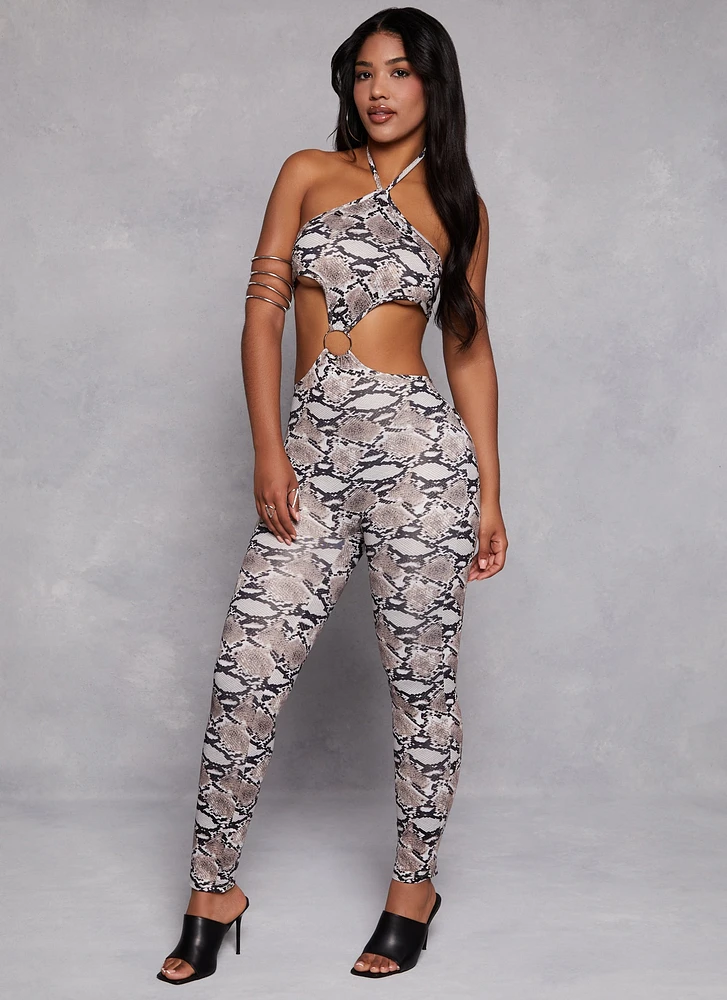 Womens Snake Print O Ring Cut Out Halter Jumpsuit, Grey, Size S