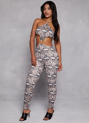 Womens Snake Print O Ring Cut Out Halter Jumpsuit, Grey, Size S