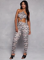 Womens Snake Print O Ring Cut Out Halter Jumpsuit, Grey, Size S