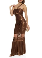 Womens Lurex One Shoulder Braided Maxi Dress, Brown, Size L