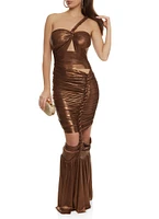 Womens Lurex One Shoulder Braided Maxi Dress, Brown, Size L