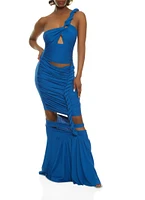 Womens One Shoulder Braid Detail Strap Maxi Dress, Blue, Size M