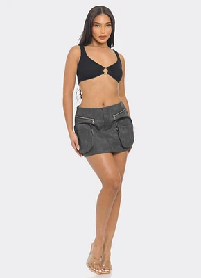 Womens Faux Leather Cargo Pocket Mini Skirt, Grey, Size S