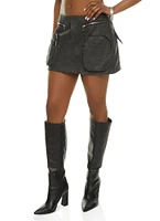 Womens Faux Leather Cargo Pocket Mini Skirt, Grey, Size S