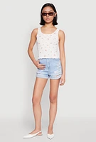 Womens Ribbed Knit Floral Print Tank Top, White, Size L