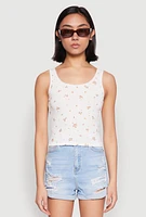 Womens Ribbed Knit Floral Print Tank Top, White, Size L