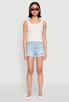 Womens Ribbed Knit Floral Print Tank Top, White, Size L