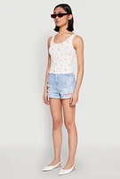 Womens Ribbed Knit Floral Print Tank Top, White, Size L