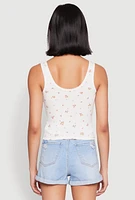 Womens Ribbed Knit Floral Print Tank Top, White, Size L