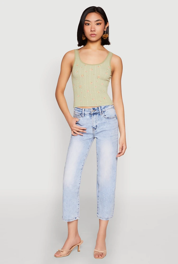 Womens Ribbed Knit Floral Print Tank Top, Green, Size S