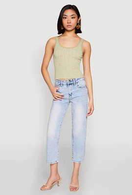 Womens Ribbed Knit Floral Print Tank Top, Green, Size S