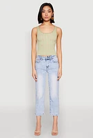 Womens Ribbed Knit Floral Print Tank Top, Green, Size S