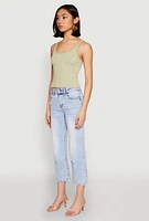 Womens Ribbed Knit Floral Print Tank Top, Green, Size S