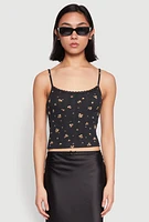 Womens Ribbed Knit Lace Trim Ditsy Print Cami, M
