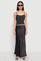 Womens Ribbed Knit Lace Trim Ditsy Print Cami, M