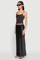 Womens Ribbed Knit Lace Trim Ditsy Print Cami, M