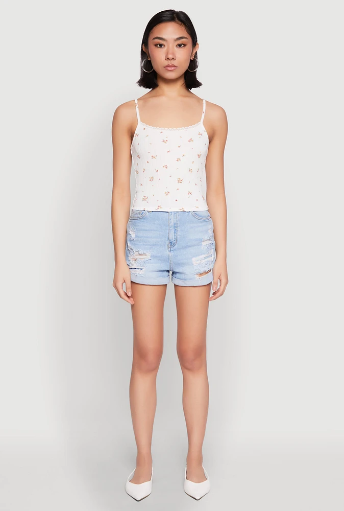 Womens Ribbed Knit Lace Trim Ditsy Print Cami, White, Size S