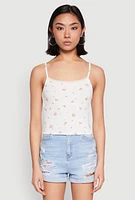 Womens Ribbed Knit Lace Trim Ditsy Print Cami, White, Size S