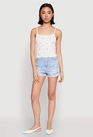 Womens Ribbed Knit Lace Trim Ditsy Print Cami, White, Size S