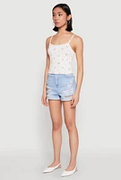 Womens Ribbed Knit Lace Trim Ditsy Print Cami, White, Size S