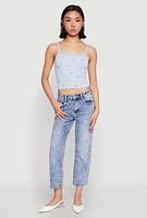 Womens Ribbed Knit Lace Trim Ditsy Print Cami, Blue, Size L