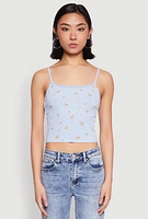 Womens Ribbed Knit Lace Trim Ditsy Print Cami, Blue, Size L