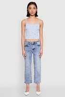 Womens Ribbed Knit Lace Trim Ditsy Print Cami, Blue, Size L