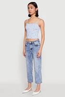 Womens Ribbed Knit Lace Trim Ditsy Print Cami, Blue, Size L