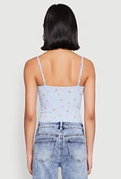 Womens Ribbed Knit Lace Trim Ditsy Print Cami, Blue, Size L