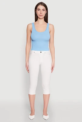 Womens Crochet Trim Rib Knit Tank Top, Blue, Size S