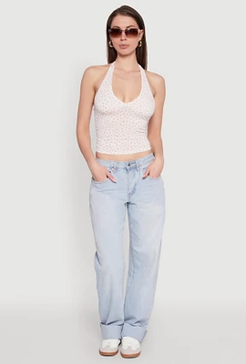 Womens Ditsy Floral Print Side Ruched Tie Neck Halter Top, White, Size S