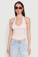 Womens Ditsy Floral Print Side Ruched Tie Neck Halter Top, White, Size S