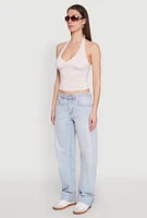 Womens Ditsy Floral Print Side Ruched Tie Neck Halter Top, White, Size S