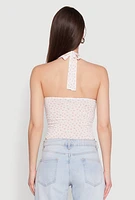 Womens Ditsy Floral Print Side Ruched Tie Neck Halter Top, White, Size S