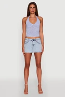 Womens Ditsy Floral Print Side Ruched Tie Neck Halter Top, Blue, Size M