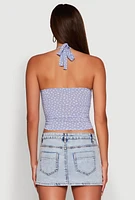Womens Ditsy Floral Print Side Ruched Tie Neck Halter Top, Blue, Size M
