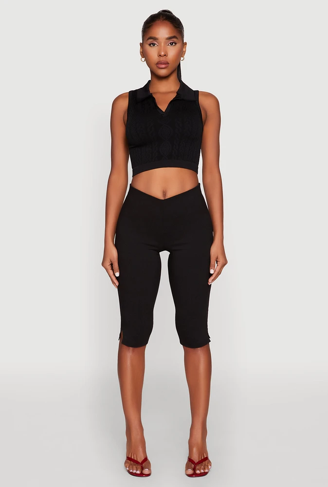 Womens Seamless Cable Knit Polo Crop Top,