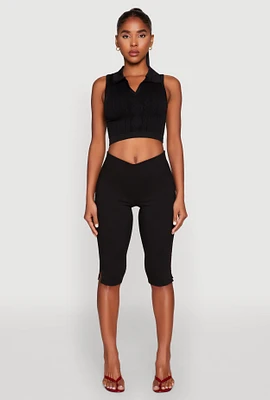 Womens Seamless Cable Knit Polo Crop Top,