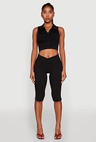 Womens Seamless Cable Knit Polo Crop Top,