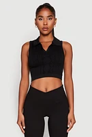 Womens Seamless Cable Knit Polo Crop Top,