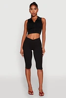Womens Seamless Cable Knit Polo Crop Top,