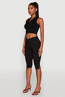 Womens Seamless Cable Knit Polo Crop Top,