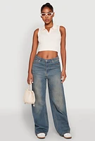 Womens Seamless Cable Knit Polo Crop Top, Beige, Size L-XL
