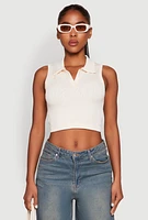 Womens Seamless Cable Knit Polo Crop Top, Beige,