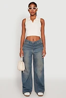 Womens Seamless Cable Knit Polo Crop Top, Beige,