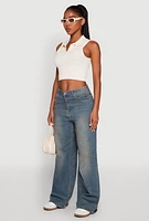 Womens Seamless Cable Knit Polo Crop Top, Beige,